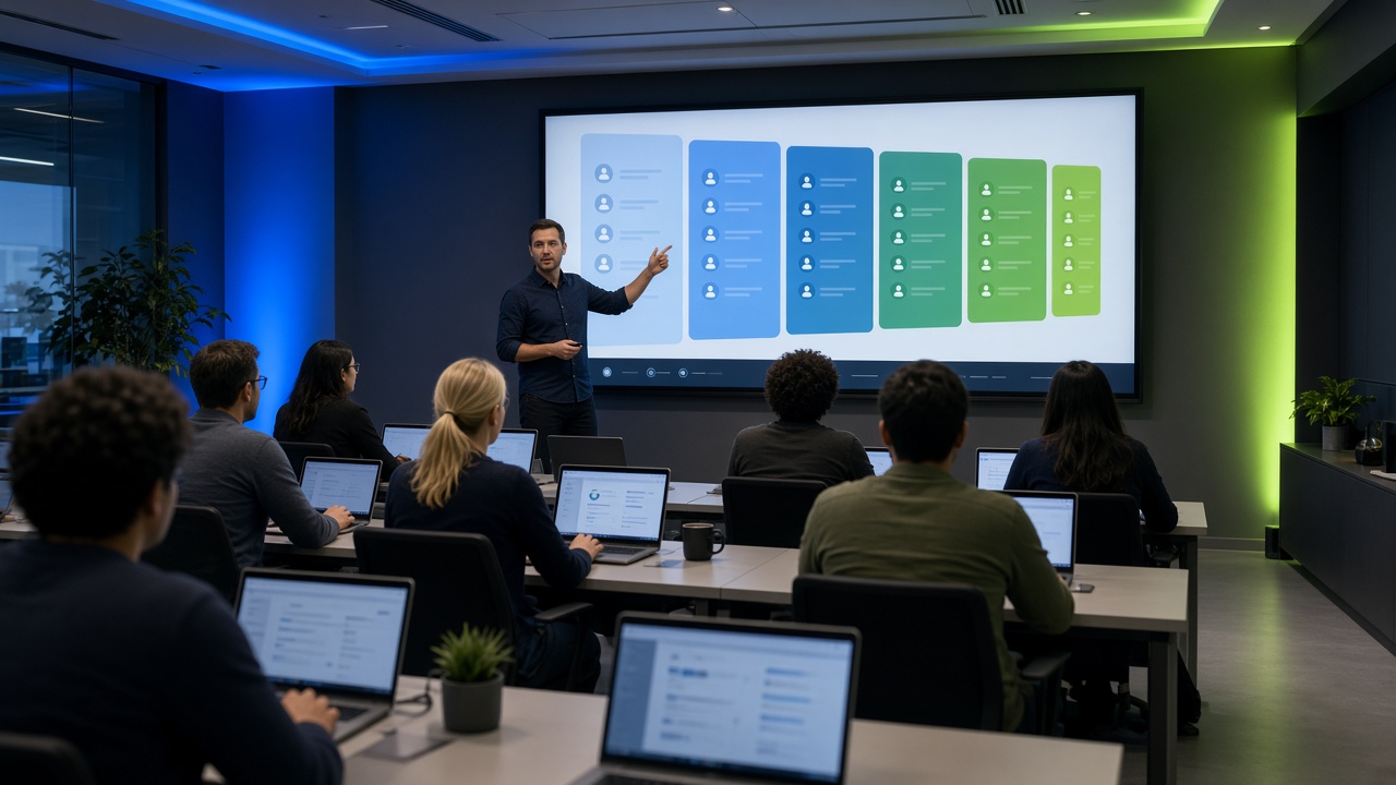 Studio classroom with a wall of HighLevel workflow diagrams and a live build screen